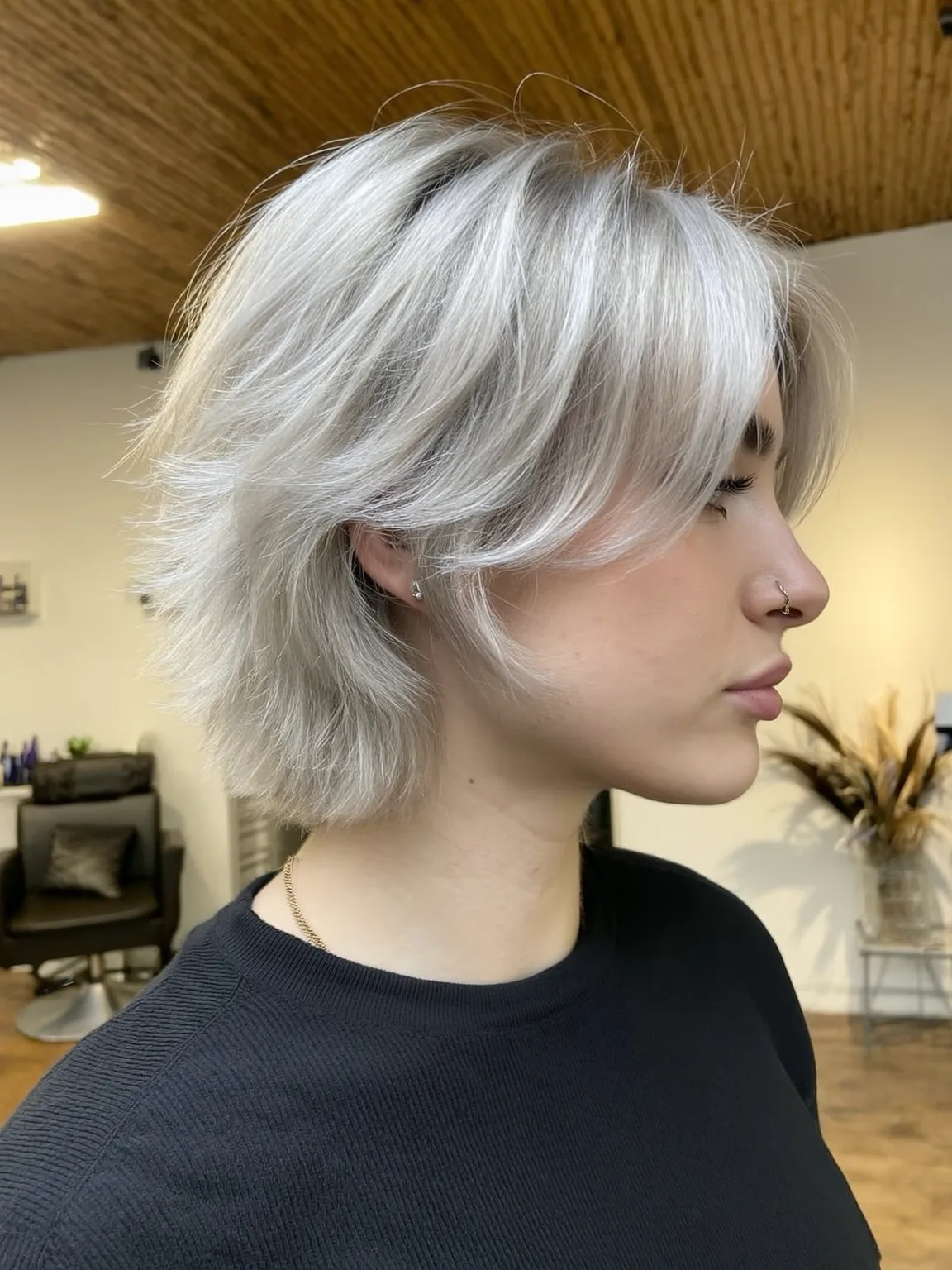 Short Feathered Bob in Silver Frost with Curtain Bangs